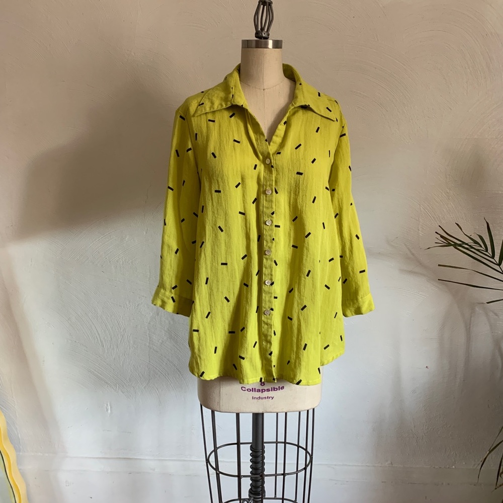 LINEN FRIDAZE maximalist button up tunic neon chartreuse lime with pop geometric